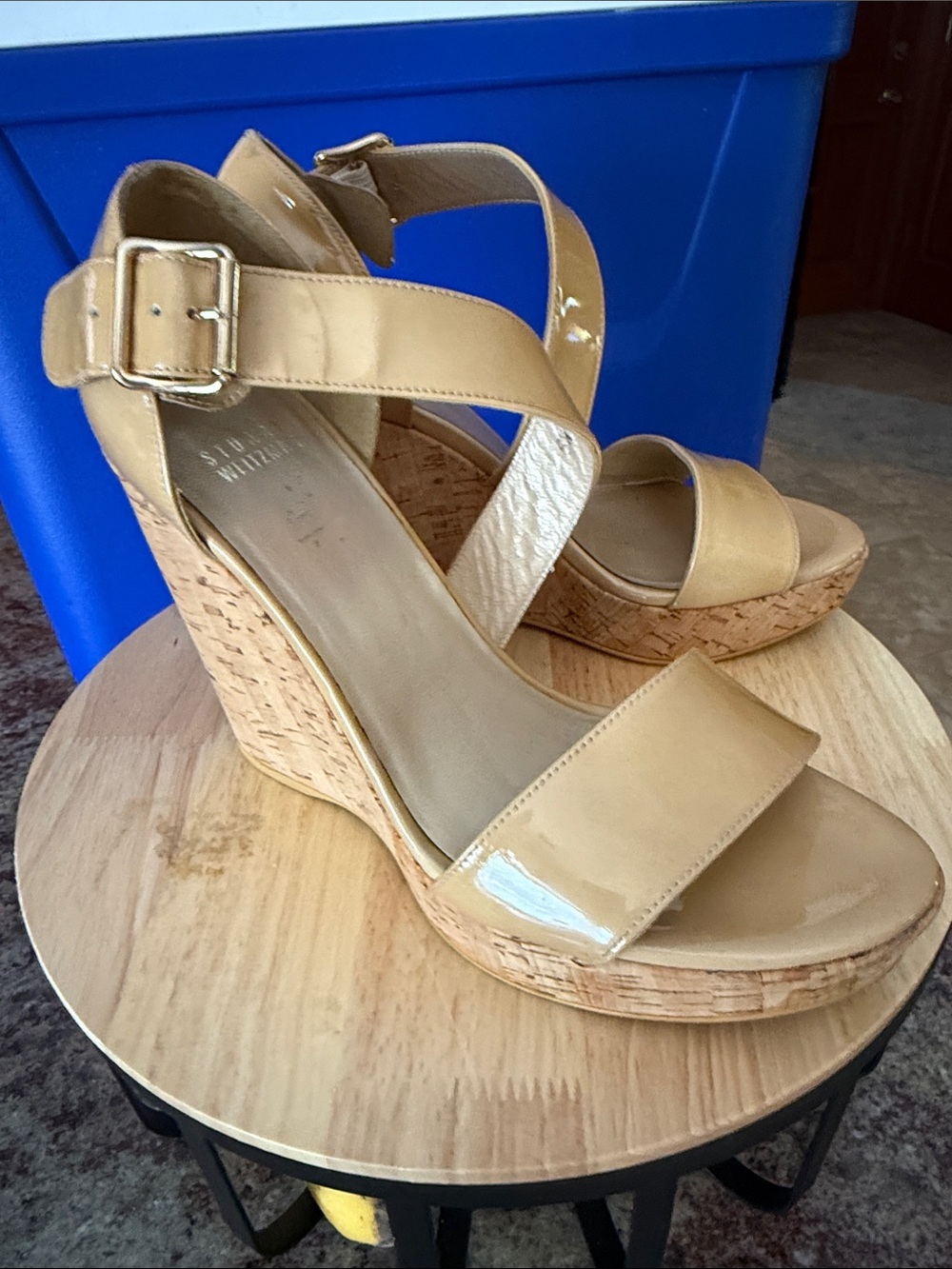 Stuart Weitzman Nude Patent Leather Cork Wedge Open Toe Heels.